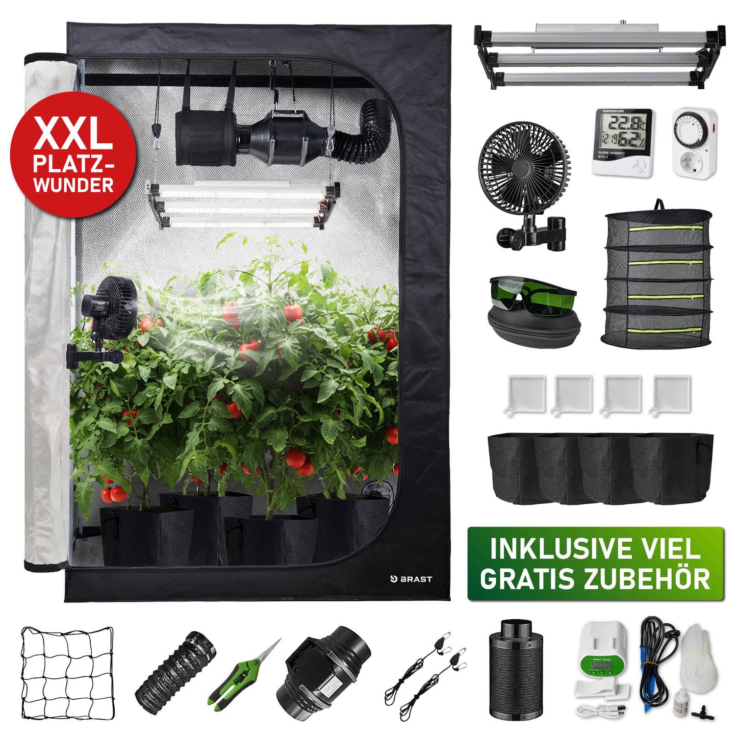 Schwarzes BRAST GrowCube XXL Komplettset mit Pflanzenzelt, Beleuchtung, Ventilator, Zeitschaltuhr und vielfältigem Zubehör.