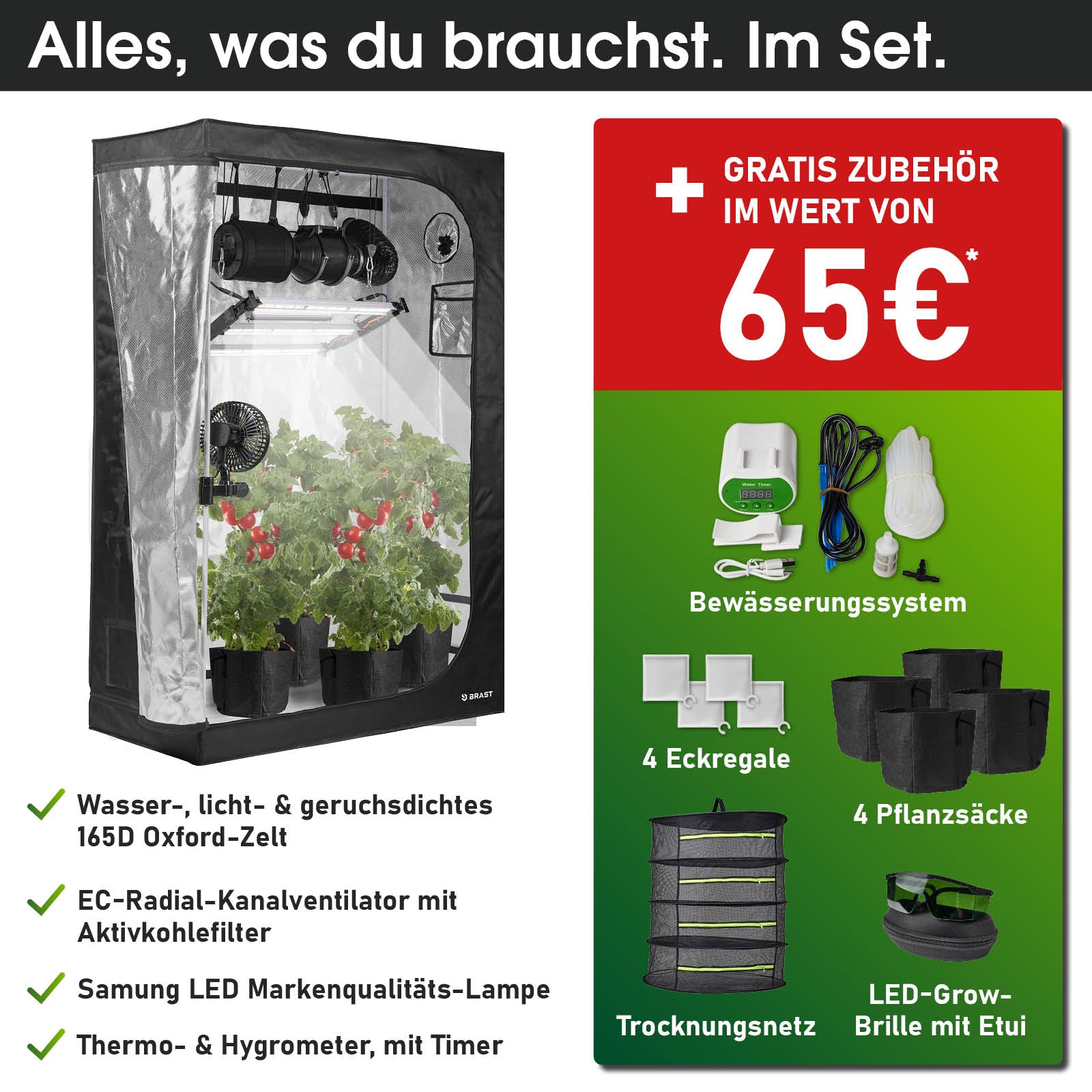 Schwarzes GrowCube XXL Zelt mit Pflanzen, LED-Lampe, Bewässerungssystem und Zubehör im Set.