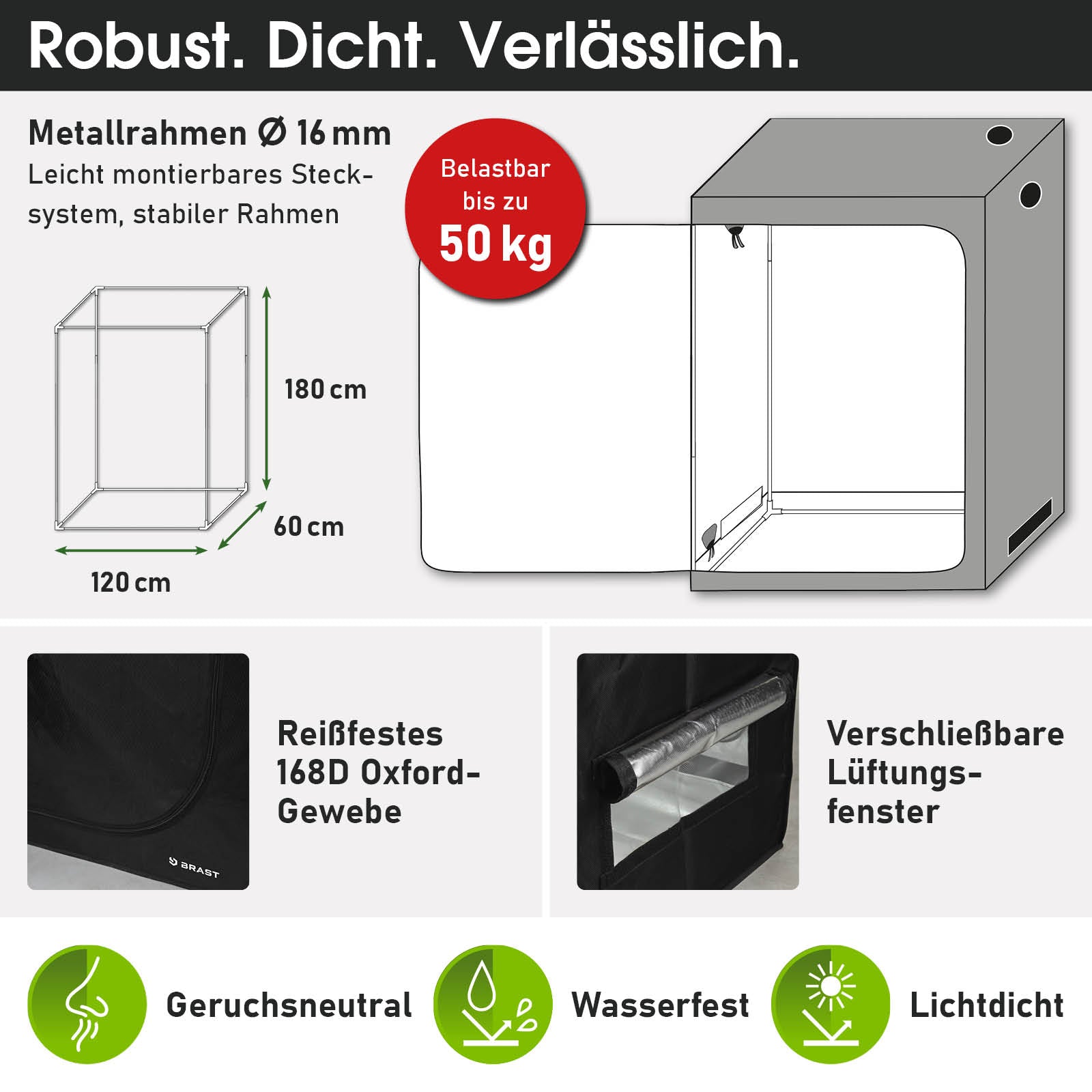 Großer grauer GrowCube XXL Pflanzkasten mit Metallrahmen, Lüftungsfenster und wasserfestem Material.