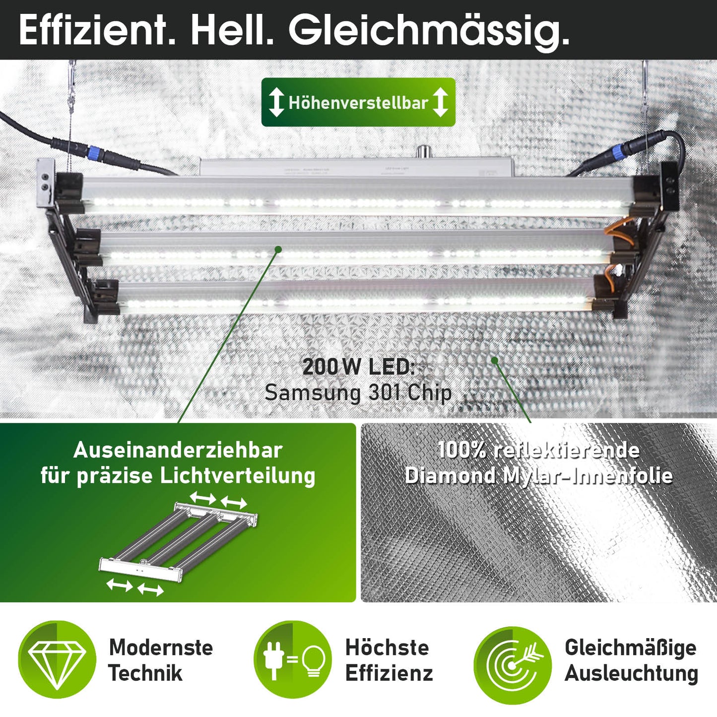 Helles, höhenverstellbares LED-Pflanzenlicht mit 200 W Samsung 301H Chips und modularer Bauweise.