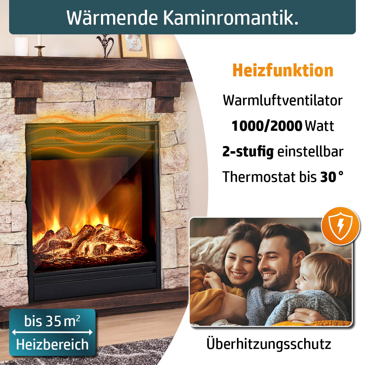 Wärmende Kaminromantik mit Heizfunktion mit 1000/2000 Watt, 2-stufig einstellbar mit Thermostat bis 30°C für einen Heizbereich bis 35m²