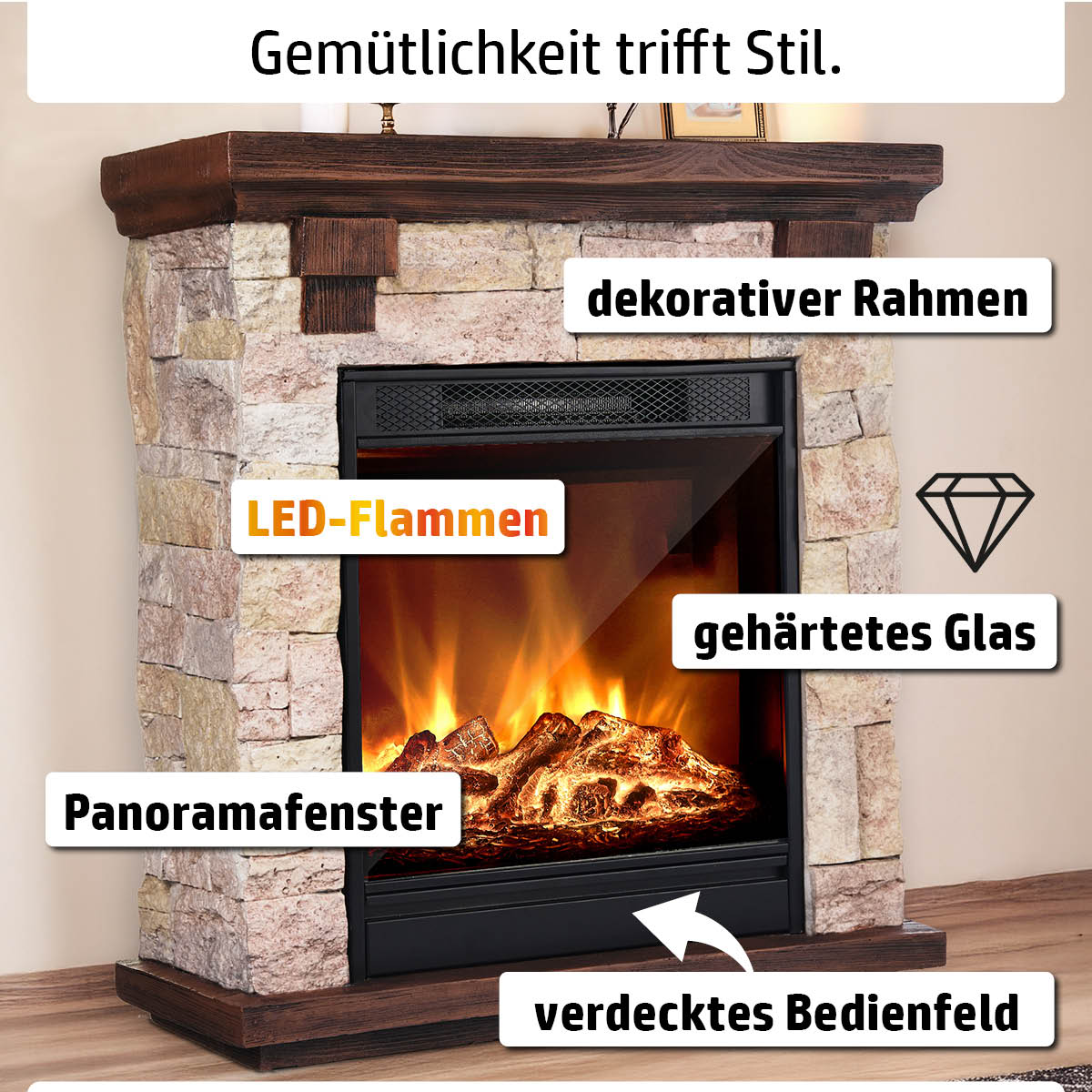 Elektro Kamin mit Panoramafenster aus gehärtetem Glas, LED-Flammen, verdecktem Bedienfeld und dekorativen Rahmen
