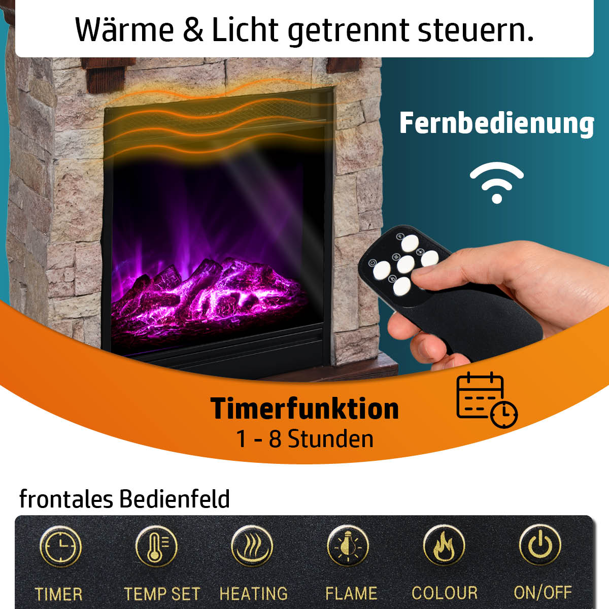 Wärme und Licht getrennt steuerbar über Fernbedienung oder frontales Bedienfeld