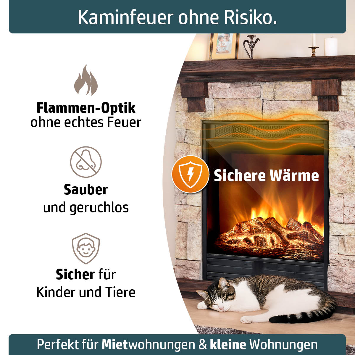 Kaminfeuer ohne Risiko durch Flammen-Optik ohne echtes Feuer, sauber und geruchslos, sicher für Kinder und Tiere