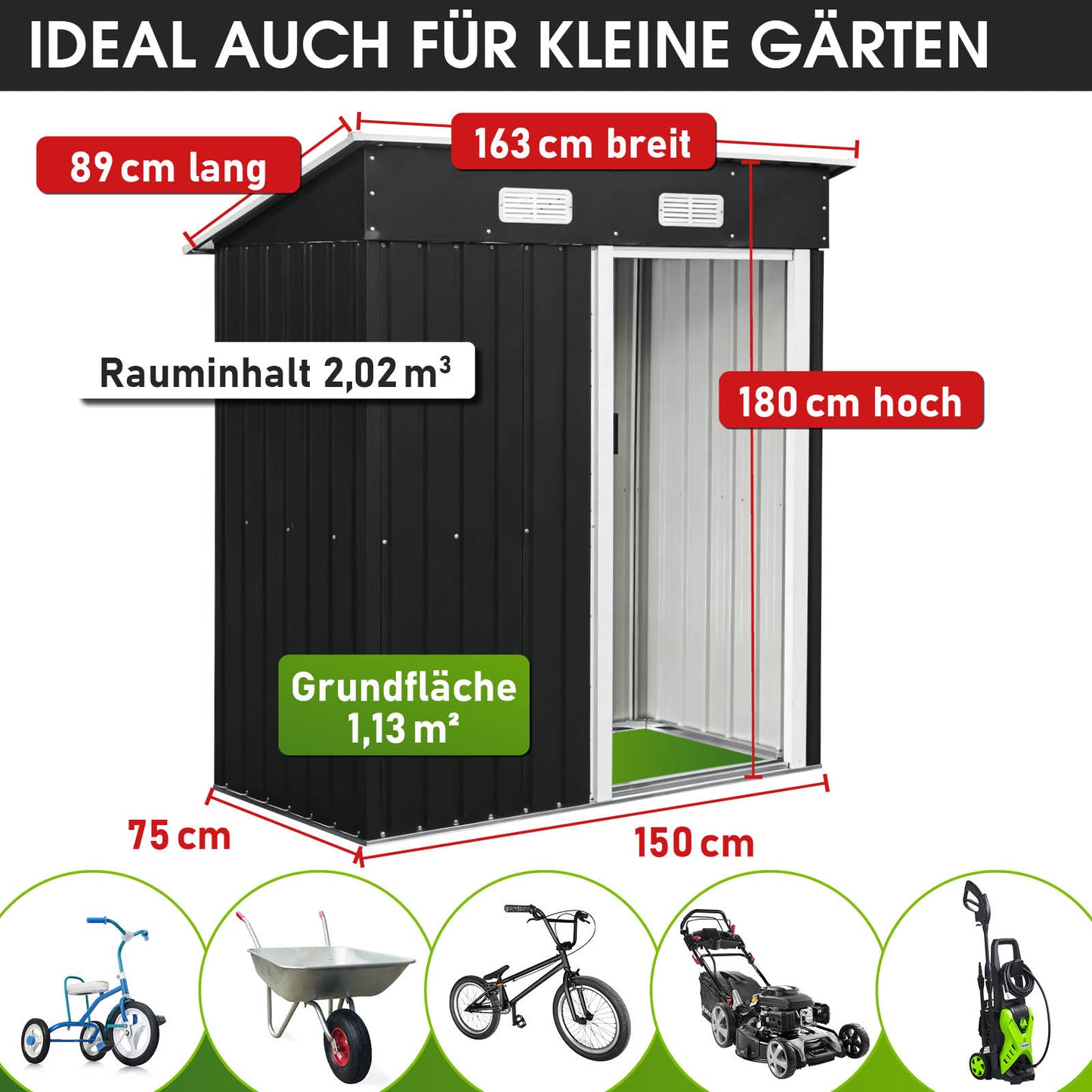 BRAST Metall Gerätehaus mit Pultdach 163x89x180
