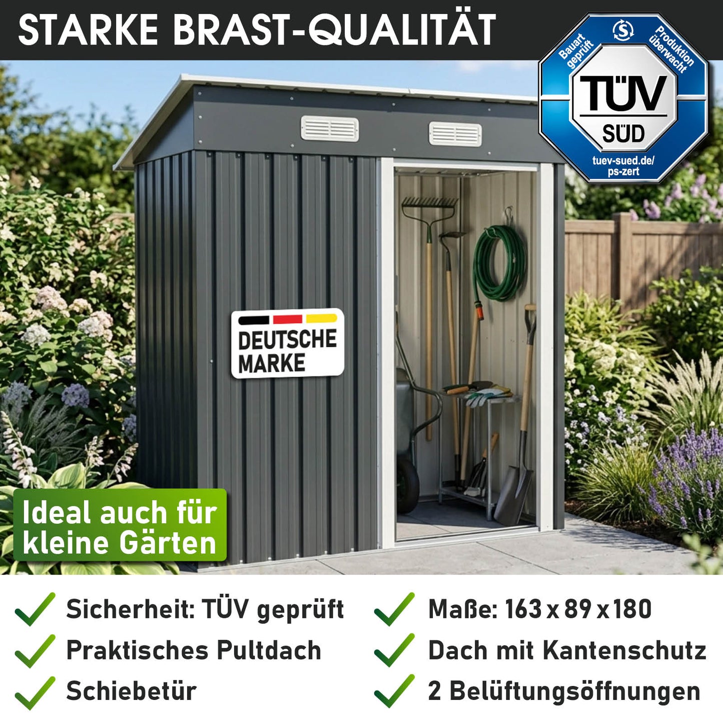 BRAST Metall Gerätehaus mit Pultdach 163x89x180