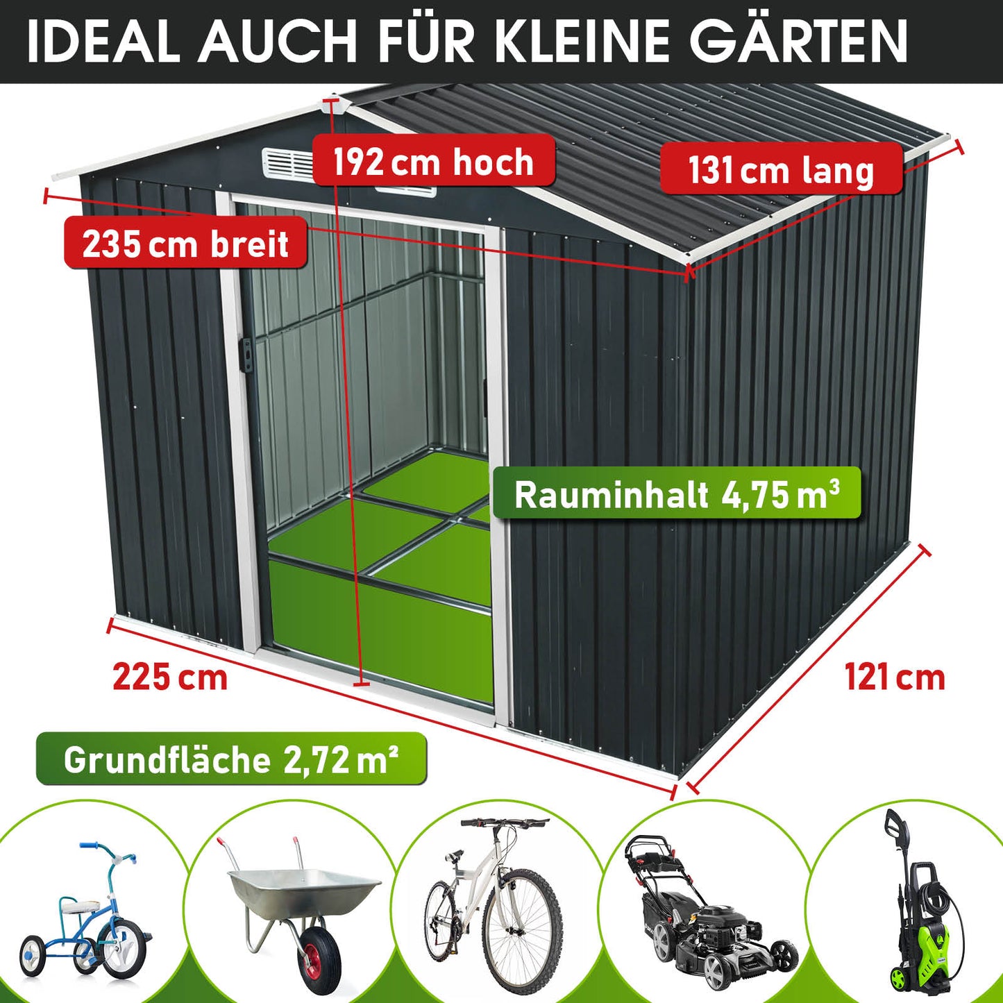 BRAST Metall Gerätehaus mit Satteldach 235x131x192