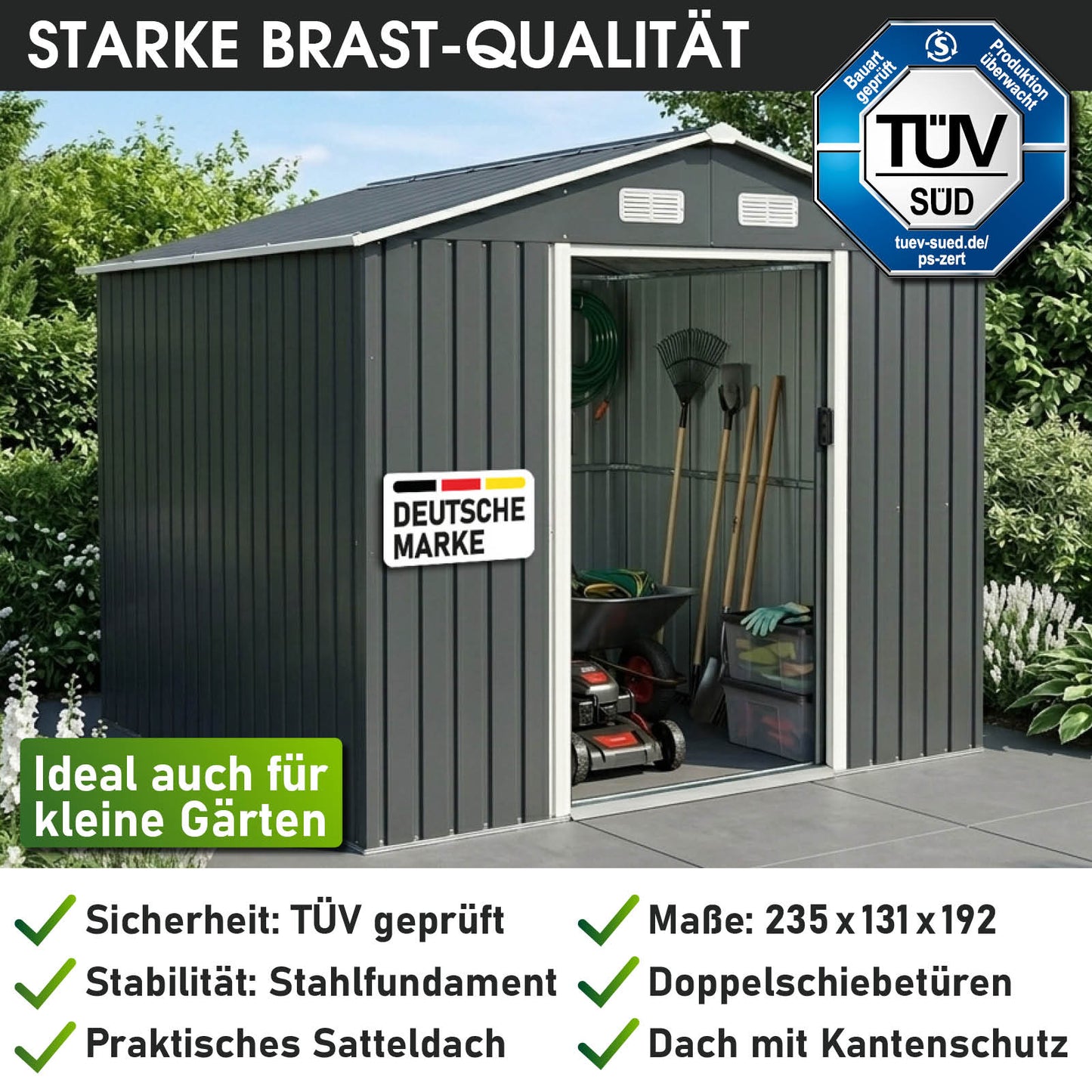BRAST Metall Gerätehaus mit Satteldach 235x131x192