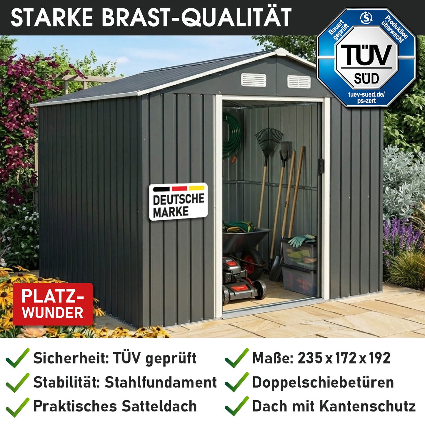 BRAST Metall Geräteschuppen mit Satteldach 235x172x192