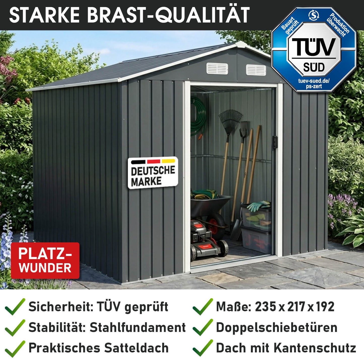 BRAST Metall Geräteschuppen mit Satteldach 235x217x192