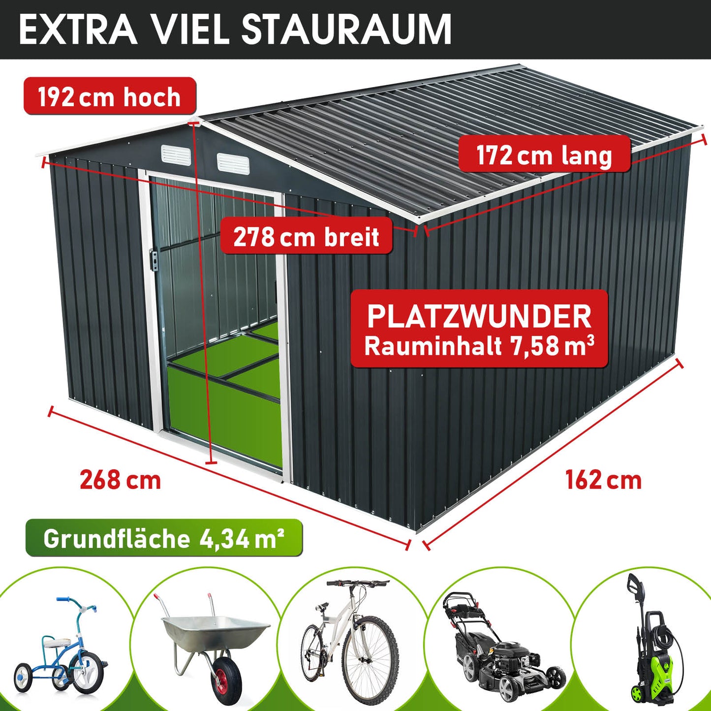 BRAST Metall Gerätehaus mit Satteldach 278x172x192