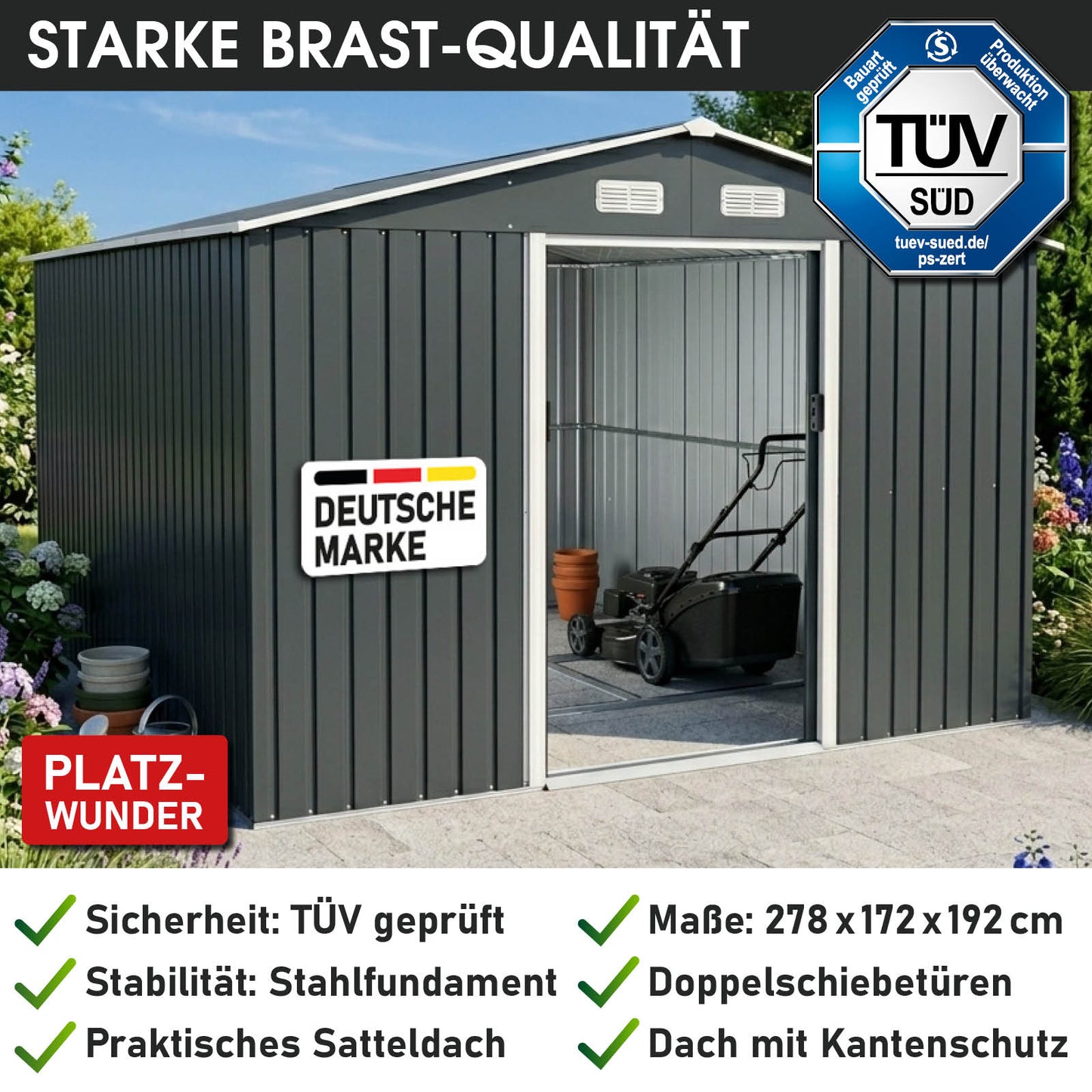 BRAST Metall Gerätehaus mit Satteldach 278x172x192
