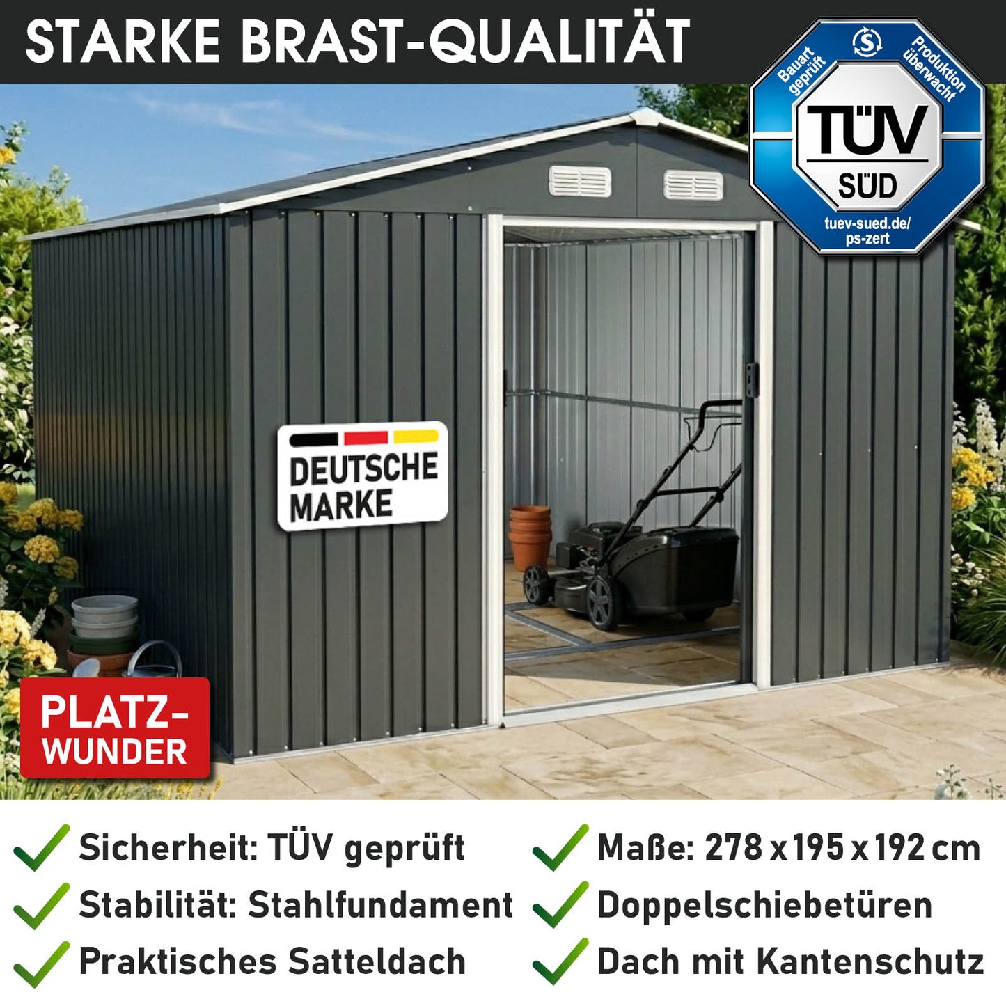 BRAST Metall Gerätehaus mit Satteldach 278x195x192