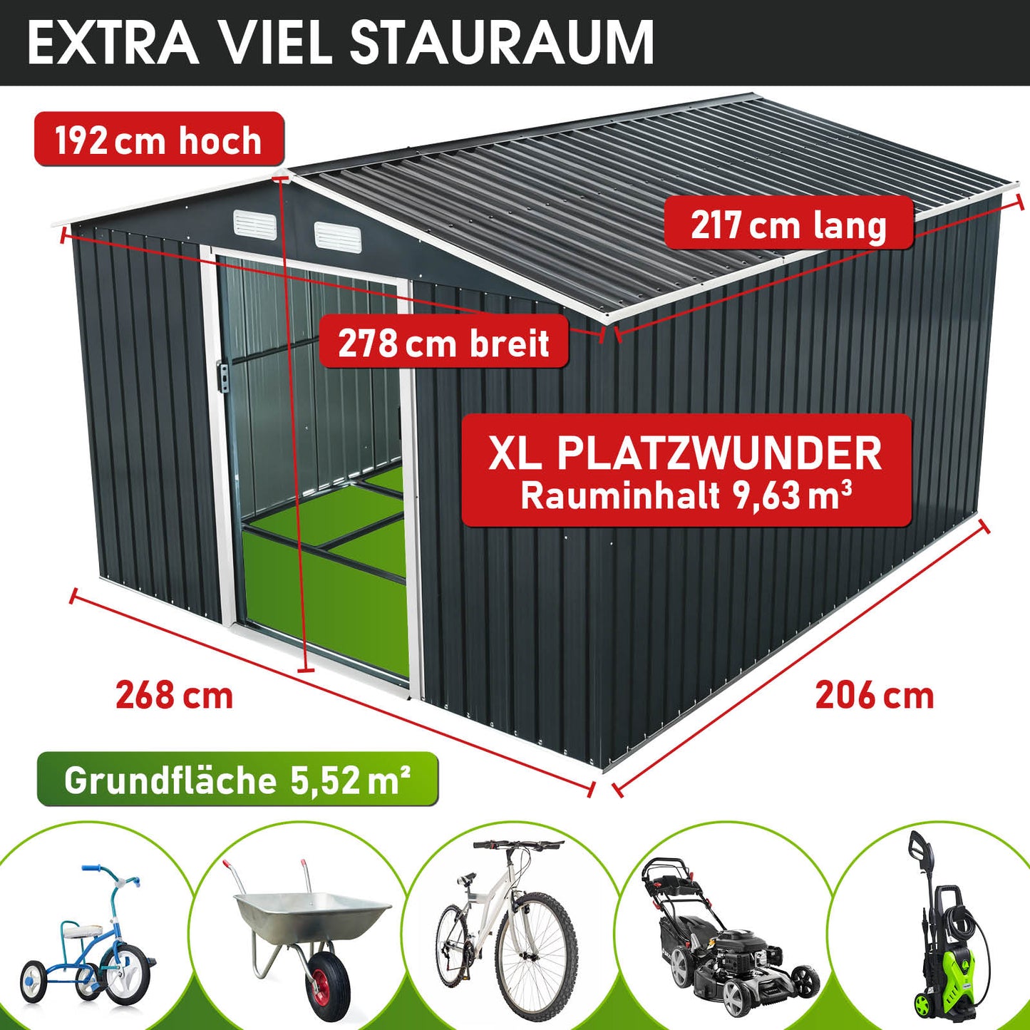 BRAST Metall Gerätehaus mit Satteldach 278x217x192
