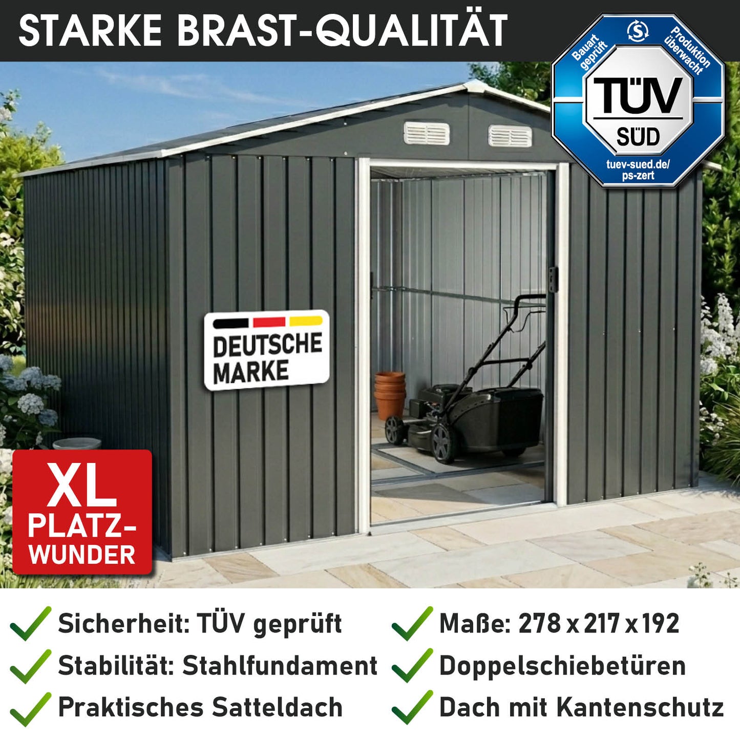 BRAST Metall Gerätehaus mit Satteldach 278x217x192