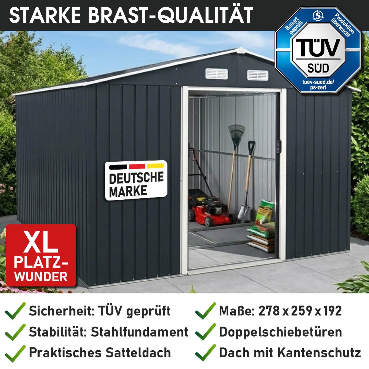 BRAST Metall Gerätehaus mit Satteldach 278x259x192
