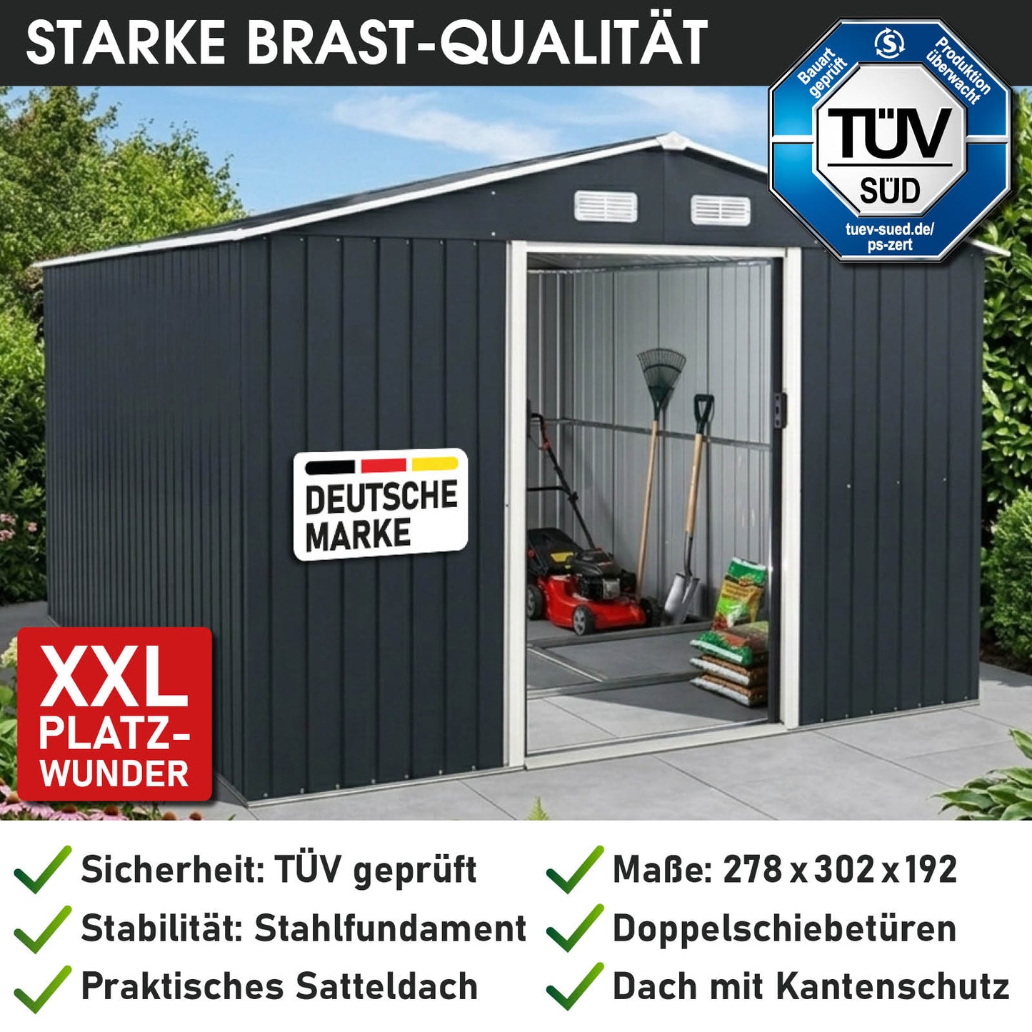 BRAST Metall Gerätehaus mit Satteldach 278x302x192
