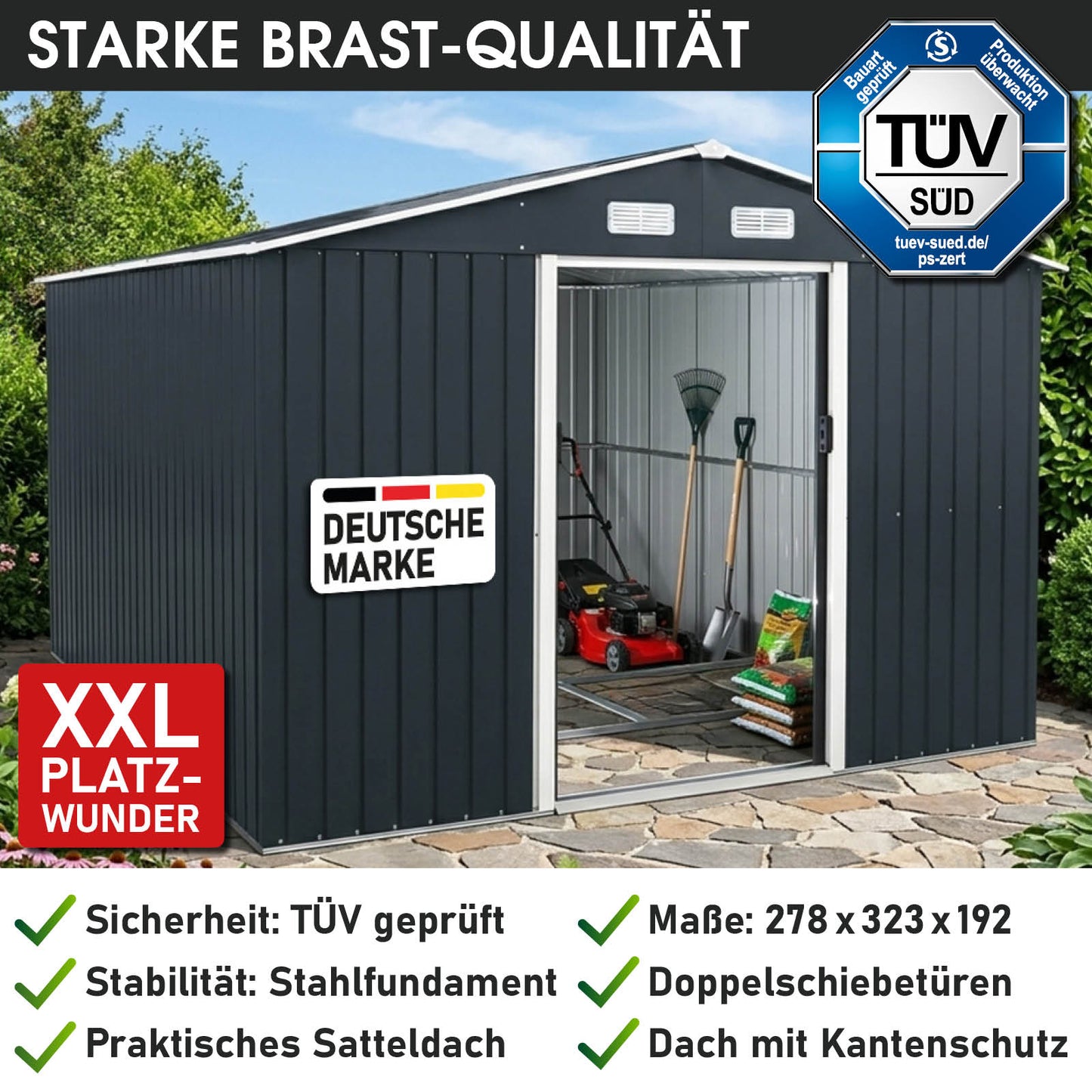 BRAST Metall Gerätehaus mit Satteldach 278x323x192