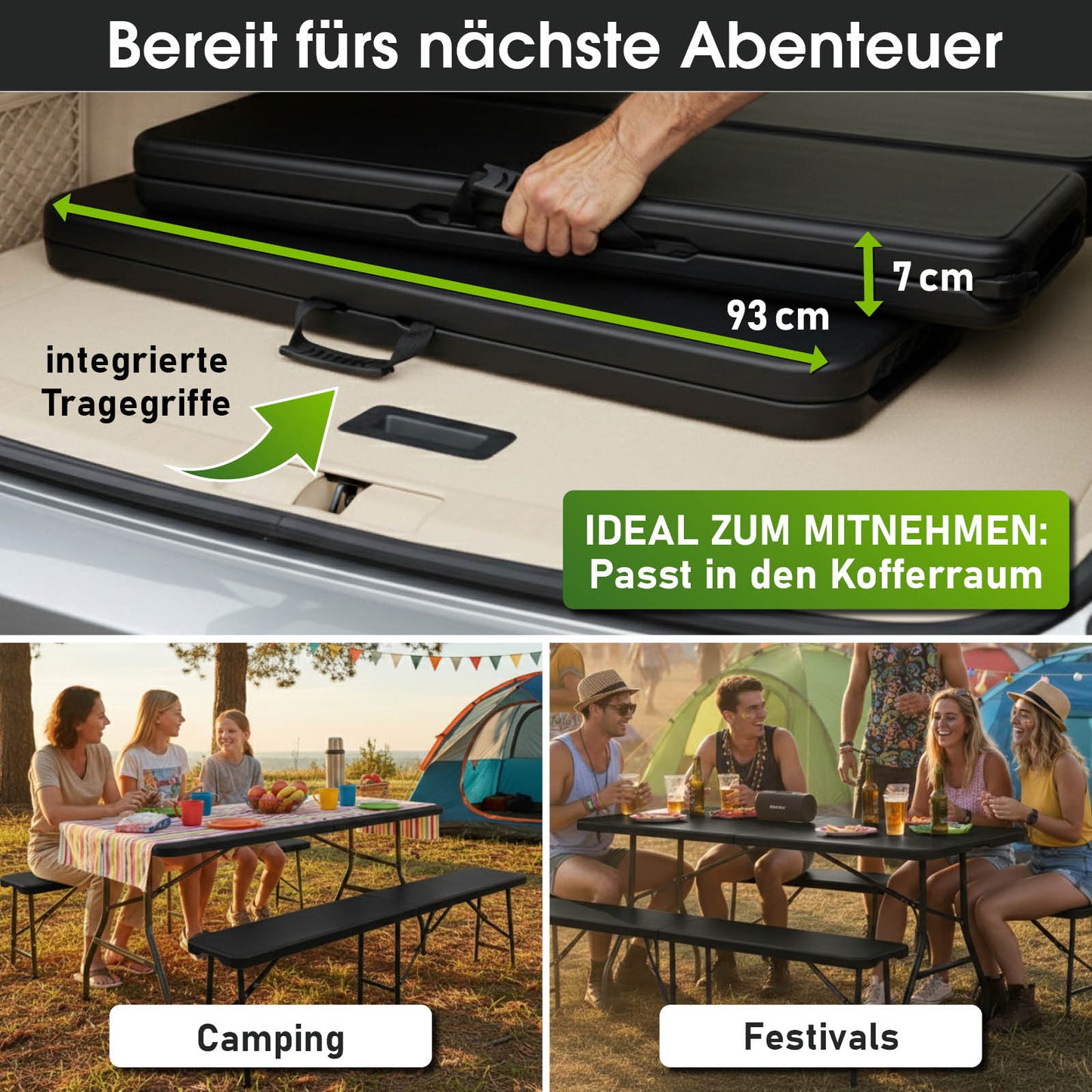 BRAST Bierzeltgarnitur klappbar JOSEF 3-teilig + XXL Zubehör schwarz