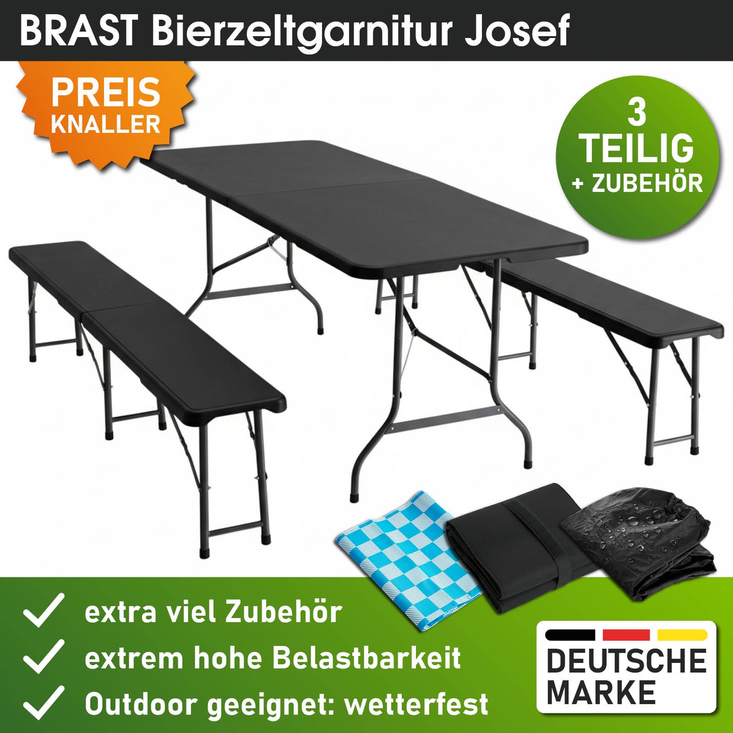 BRAST Bierzeltgarnitur klappbar JOSEF 3-teilig + XXL Zubehör schwarz