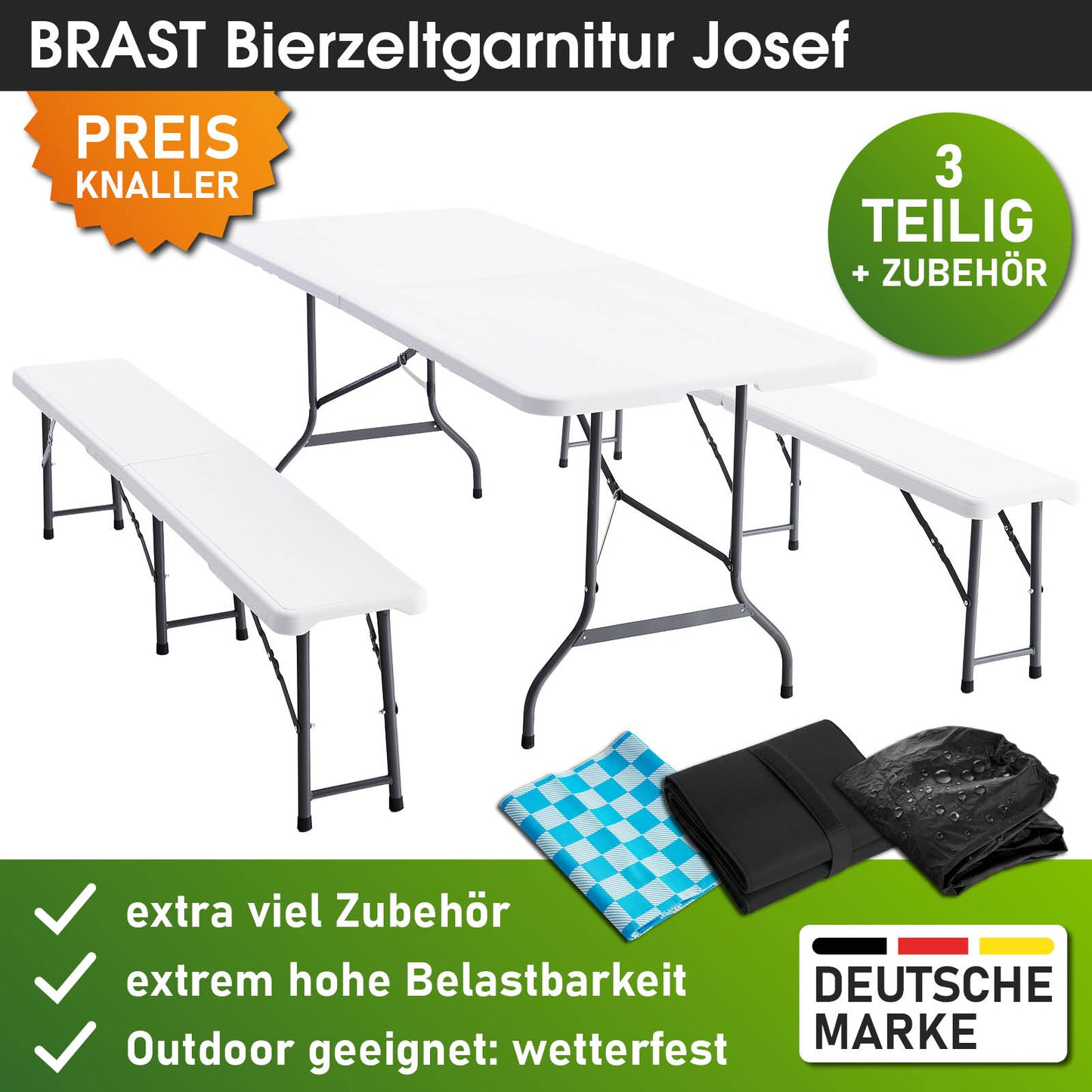 BRAST Bierzeltgarnitur klappbar JOSEF 3-teilig + XXL Zubehör weiß