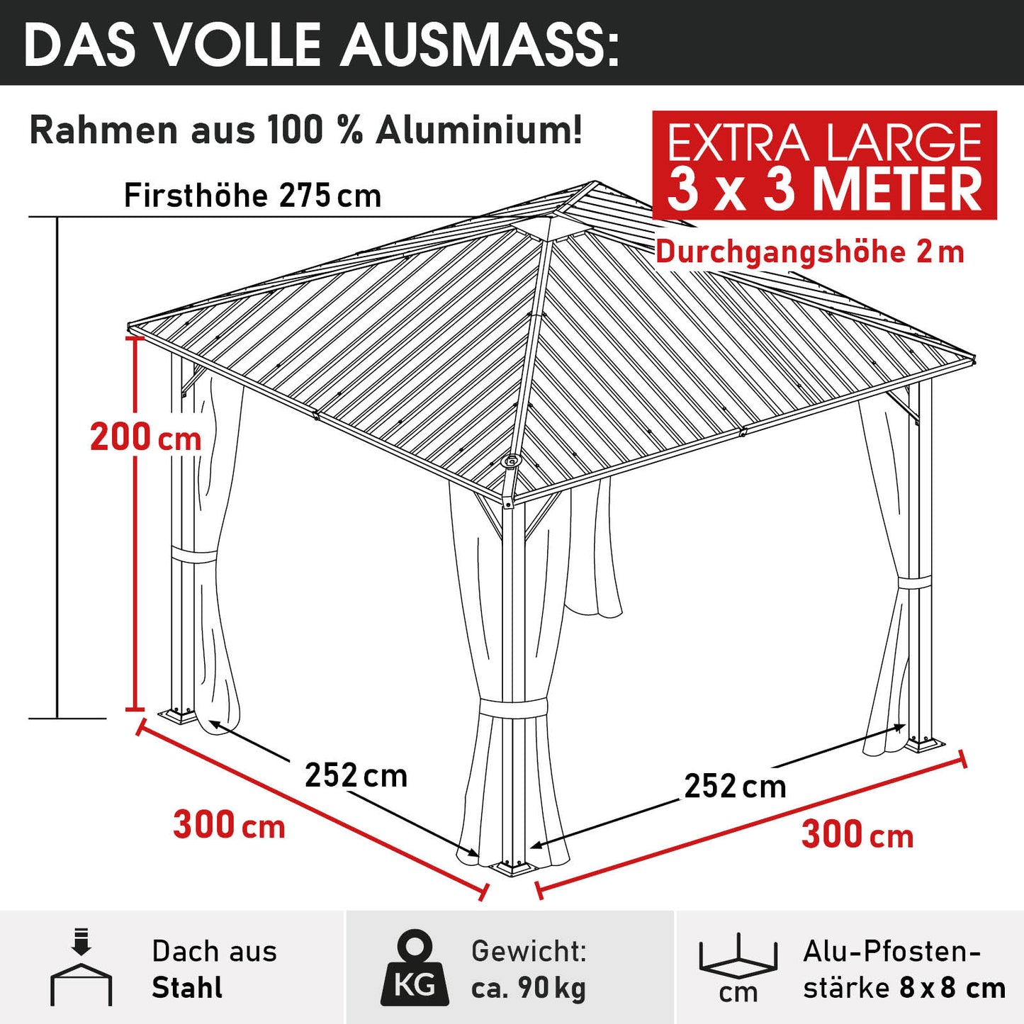 Alu Pavillon MIAMI mit Stahldach 3x3