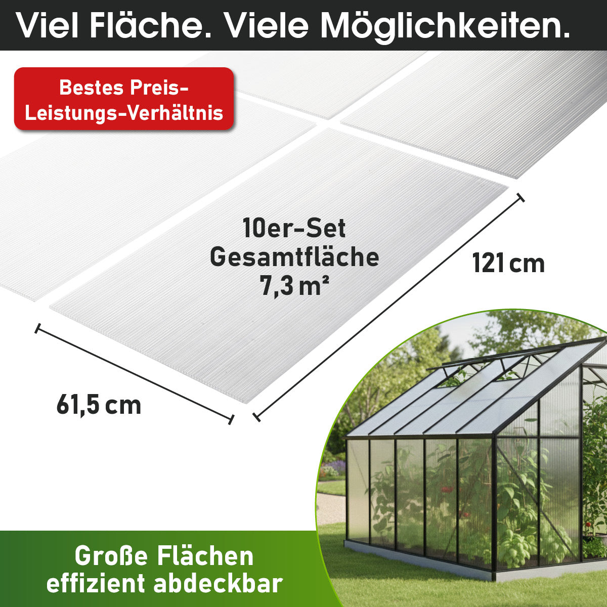 Transparentes 10er Set Hohlkammerplatten 121x60,5 cm mit großer Fläche von 7,3 m².