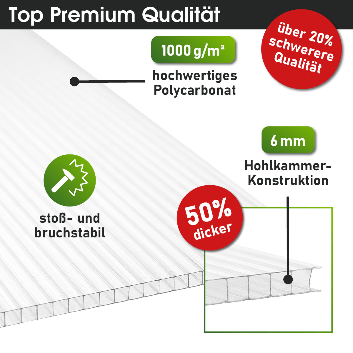 Transparente BRAST Hohlkammerplatte aus 6 mm Polycarbonat mit doppelwandiger Konstruktion.