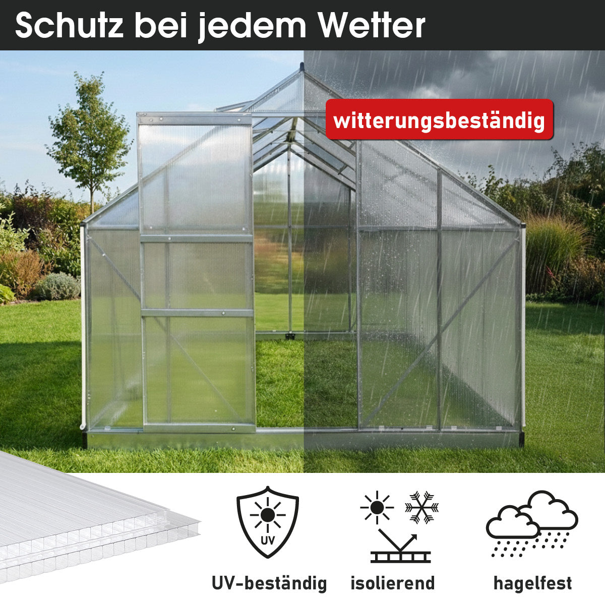 Transparentes Gewächshaus mit doppelschichtigen Hohlkammerplatten, UV-beständig und wetterfest.