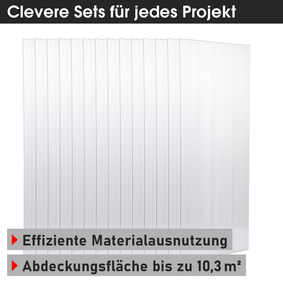 Transparentes Hohlkammerplatten-Set aus 14 weißen, langlebigen Doppelstegplatten.
