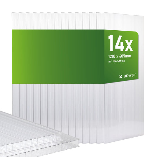 14 transparente Hohlkammerplatten 121x60,5 cm im 14er Set mit UV-Schutz.