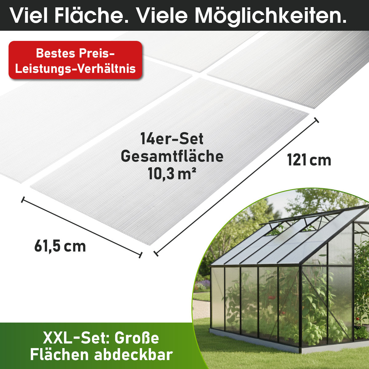 Transparentes Set aus 14 Hohlkammerplatten 121 x 60,5 cm mit Maßeinzeichnung.