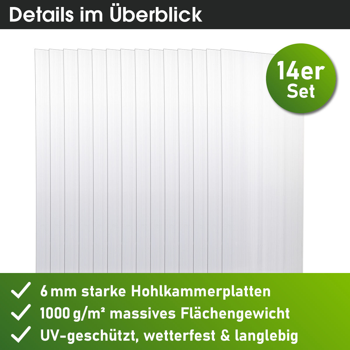 Transparentes 14er Set Hohlkammerplatten 6 mm stark, jeweils 121x60,5 cm, mit UV-Schutz.