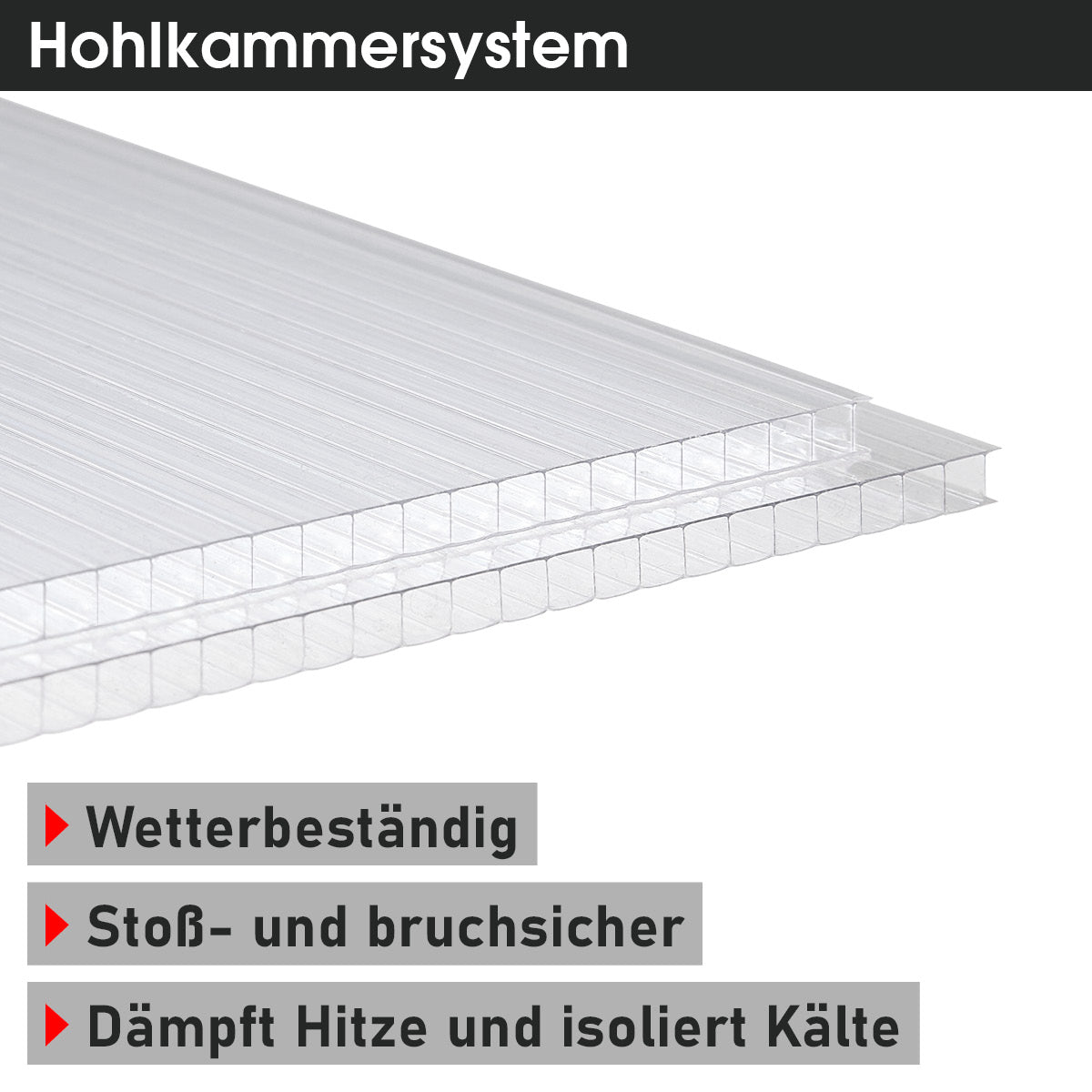 Transparentes Hohlkammerplatten-Set mit mehrschichtigem Aufbau und rechteckigen Hohlräumen.