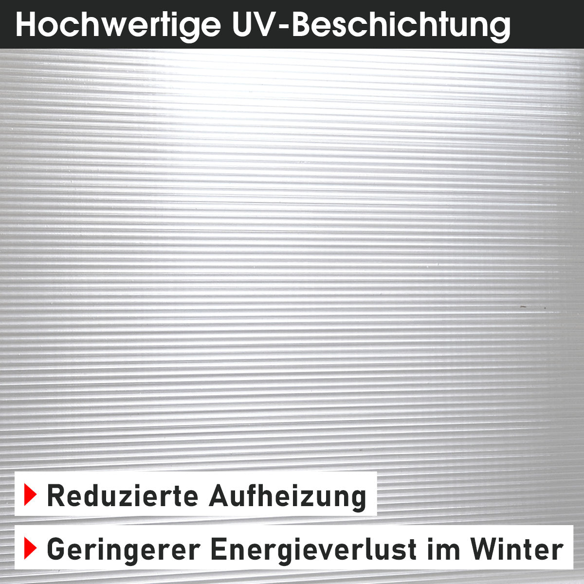 Transparente Doppelstegplatten mit feiner Hohlkammerstruktur und UV-Beschichtung, 150x60,5 cm.