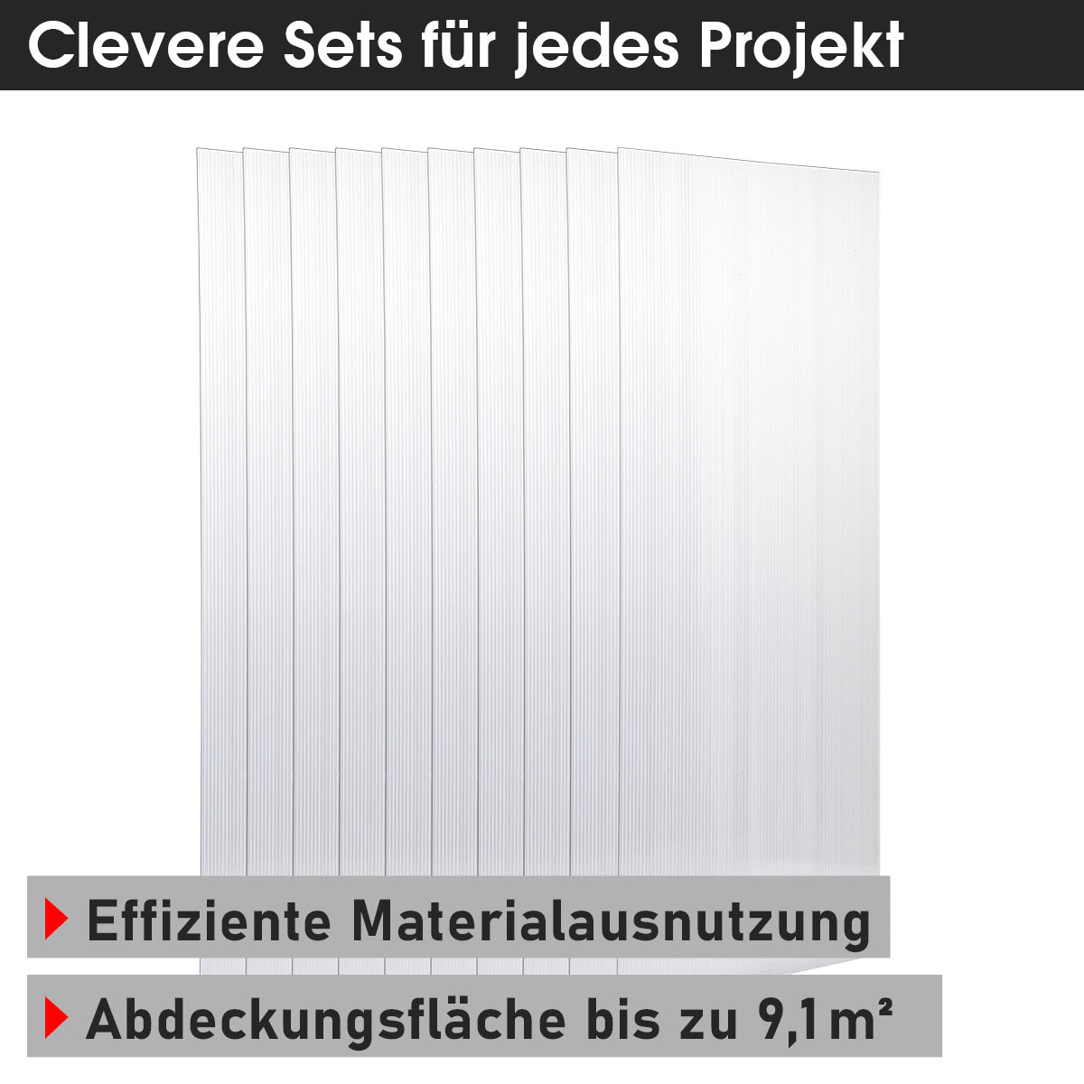 Transparentierte Hohlkammerplatten im 10er Set, 150x60,5 cm, klare Struktur mit senkrechten Kammern.