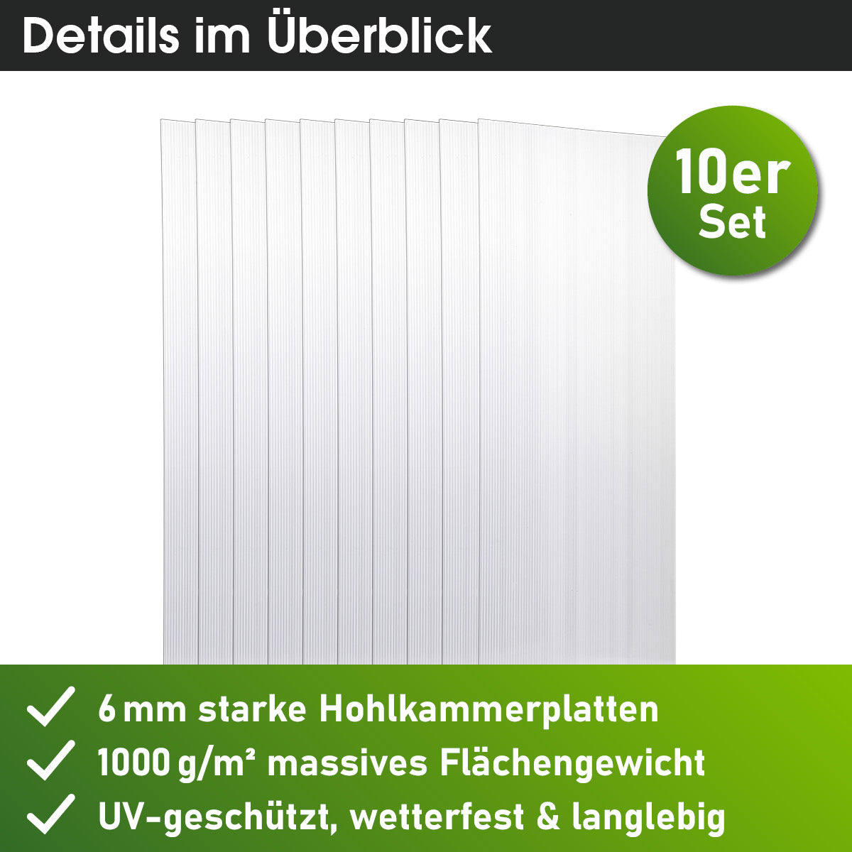 Zehn transparente Hohlkammerplatten 150x60,5 cm, 6 mm stark, klare Kunststoffplatten im 10er Set.