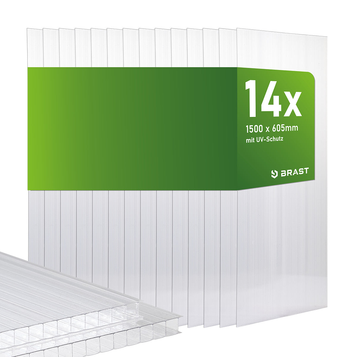 14 transparente Hohlkammerplatten 150x60,5 cm mit UV-Schutz, 14er Set.