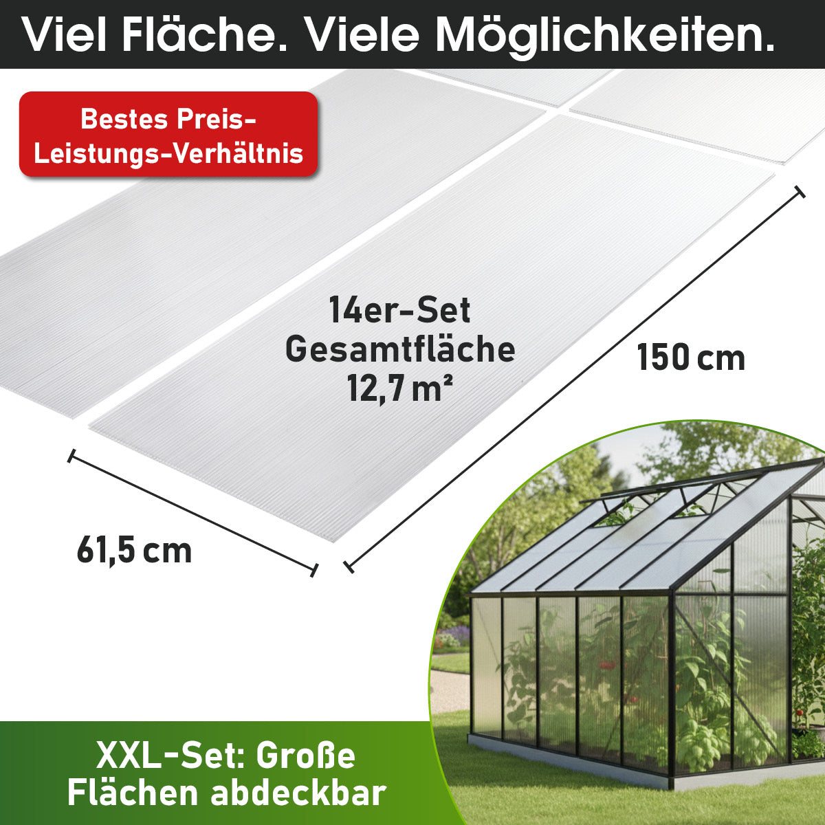 Transparentes 14er-Set Hohlkammerplatten 150 x 61,5 cm mit klarer, glatter Oberfläche.