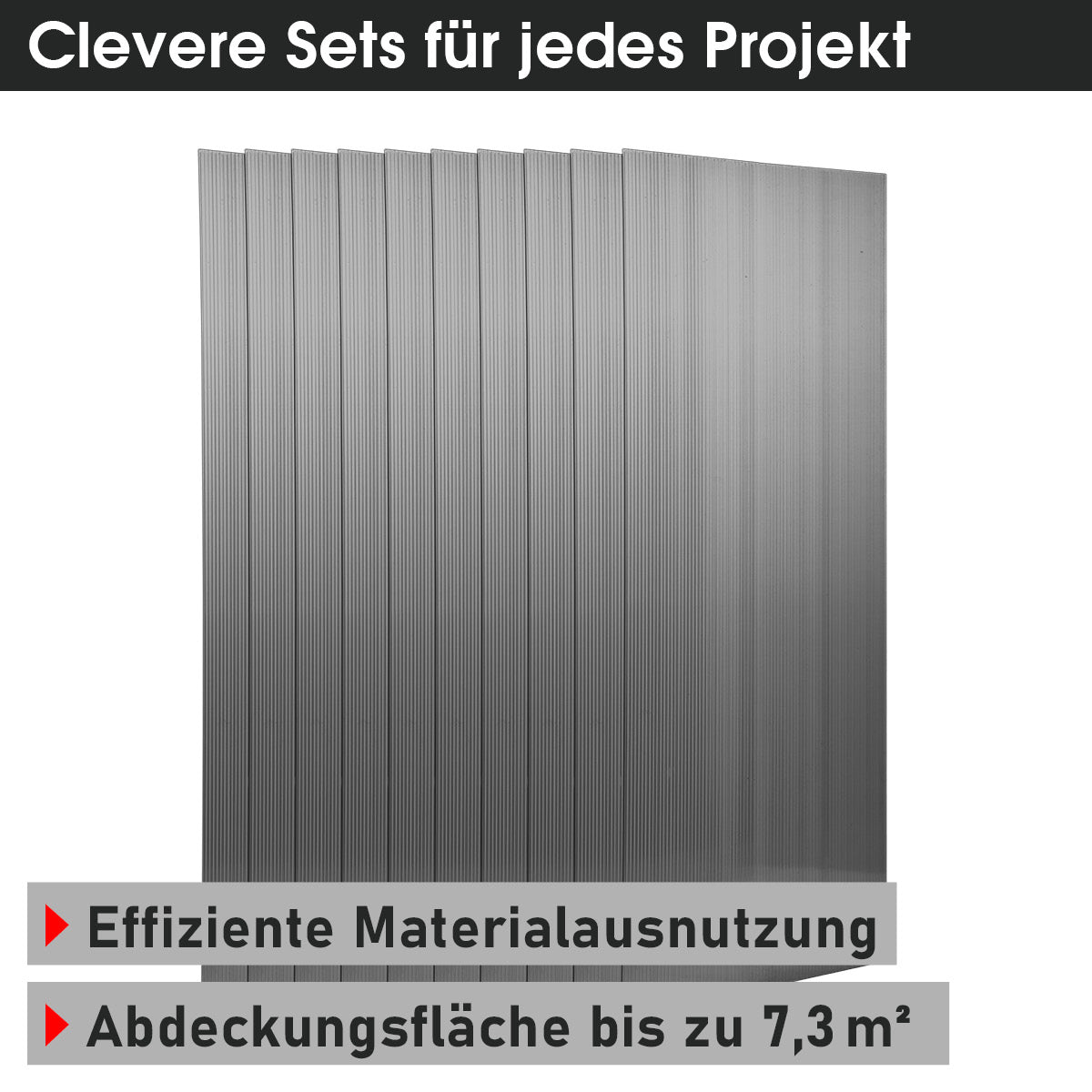 Anthrazitfarbene Hohlkammerplatten 10er Set mit gerillter Oberfläche und hoher Lichtdurchlässigkeit.