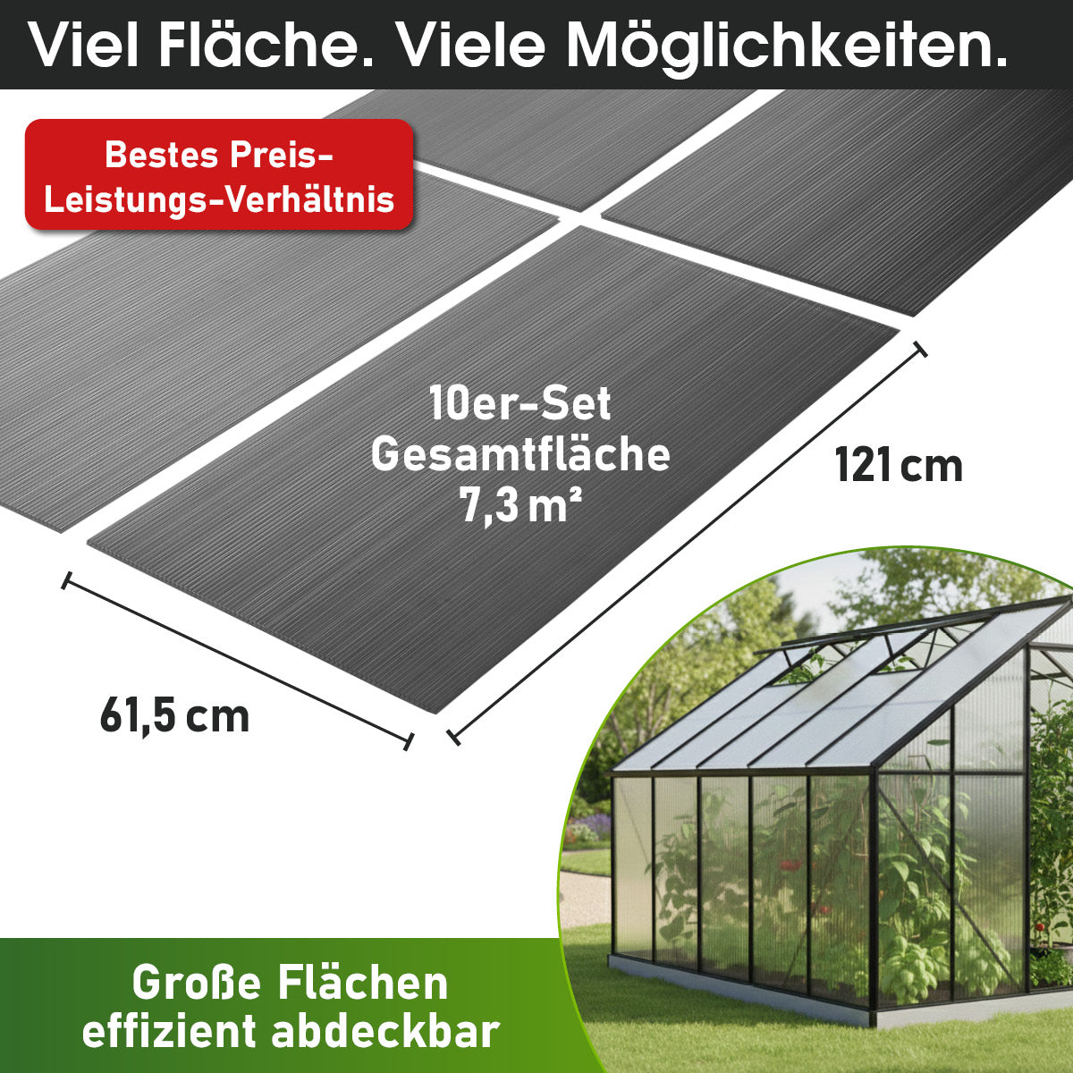 Anthrazitfarbene Hohlkammerplatten 10er Set, Maße 121 x 60,5 cm mit Doppelstegstruktur.