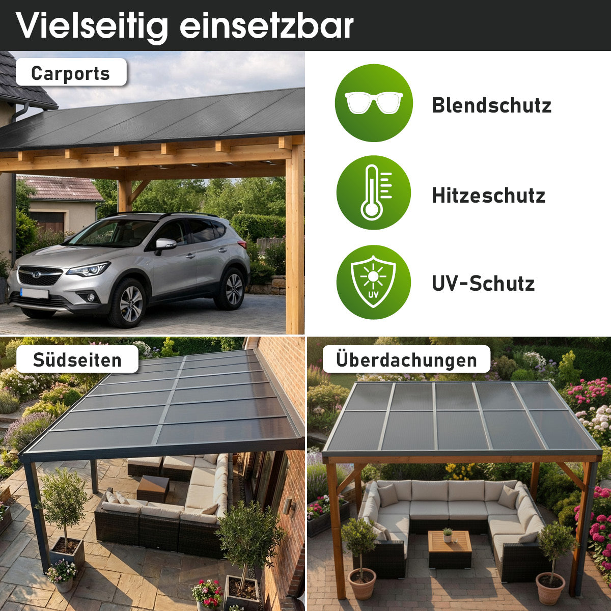 Anthrazitfarbene Hohlkammerplatten 10er Set als Carport-Überdachung mit UV-, Hitze- und Blendschutz.