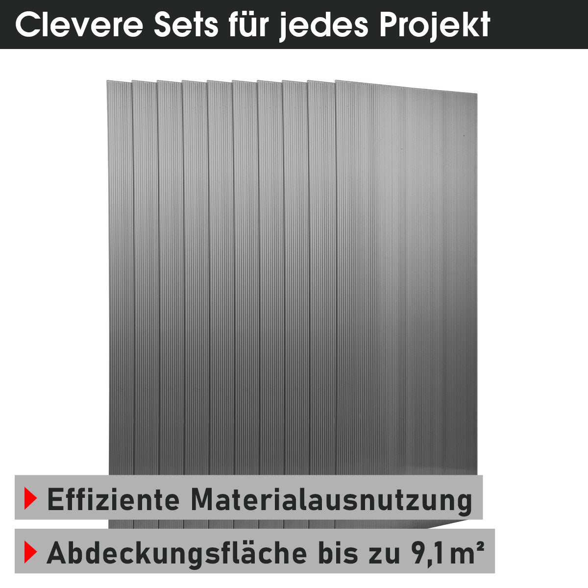 Anthrazitfarbene Hohlkammerplatten im 10er Set mit vertikalen Stegen, rechteckig, glatte Oberfläche.