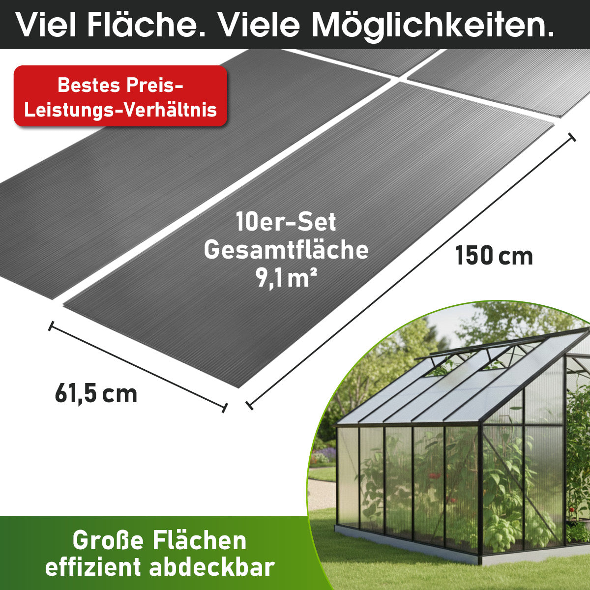 Anthrazitfarbene Hohlkammerplatten 10er Set, 150x60,5 cm, große Fläche, Doppelstegplatten.