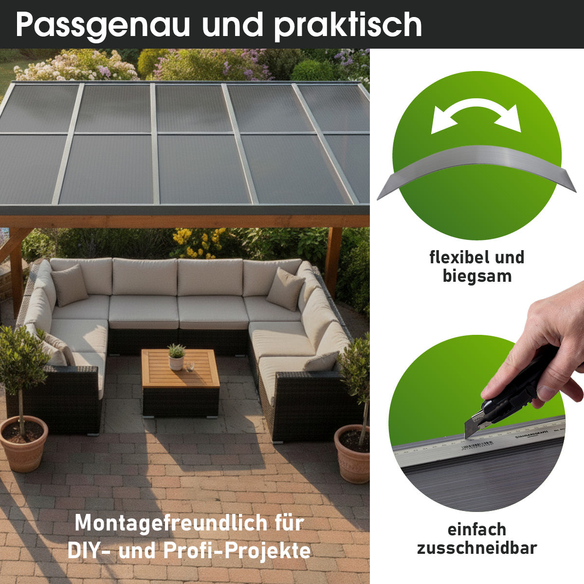 Anthrazitfarbene Hohlkammerplatten aus Kunststoff, rechteckig, leicht gebogen, 150x60,5 cm, im 10er Set.