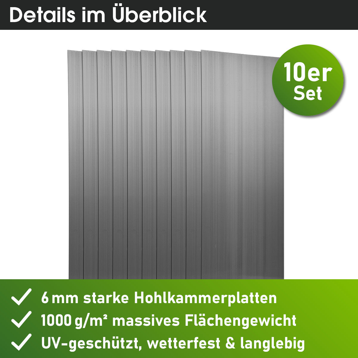 Anthrazitfarbene Hohlkammerplatten 10er Set, 6 mm stark, 150x60,5 cm, Doppelstegstruktur.