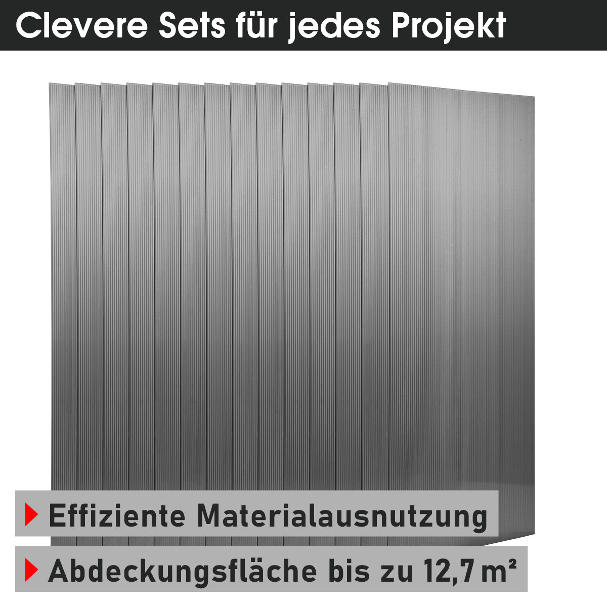 14 anthrazitfarbene Hohlkammerplatten aus Kunststoff, 150x60,5 cm, doppelstegig.