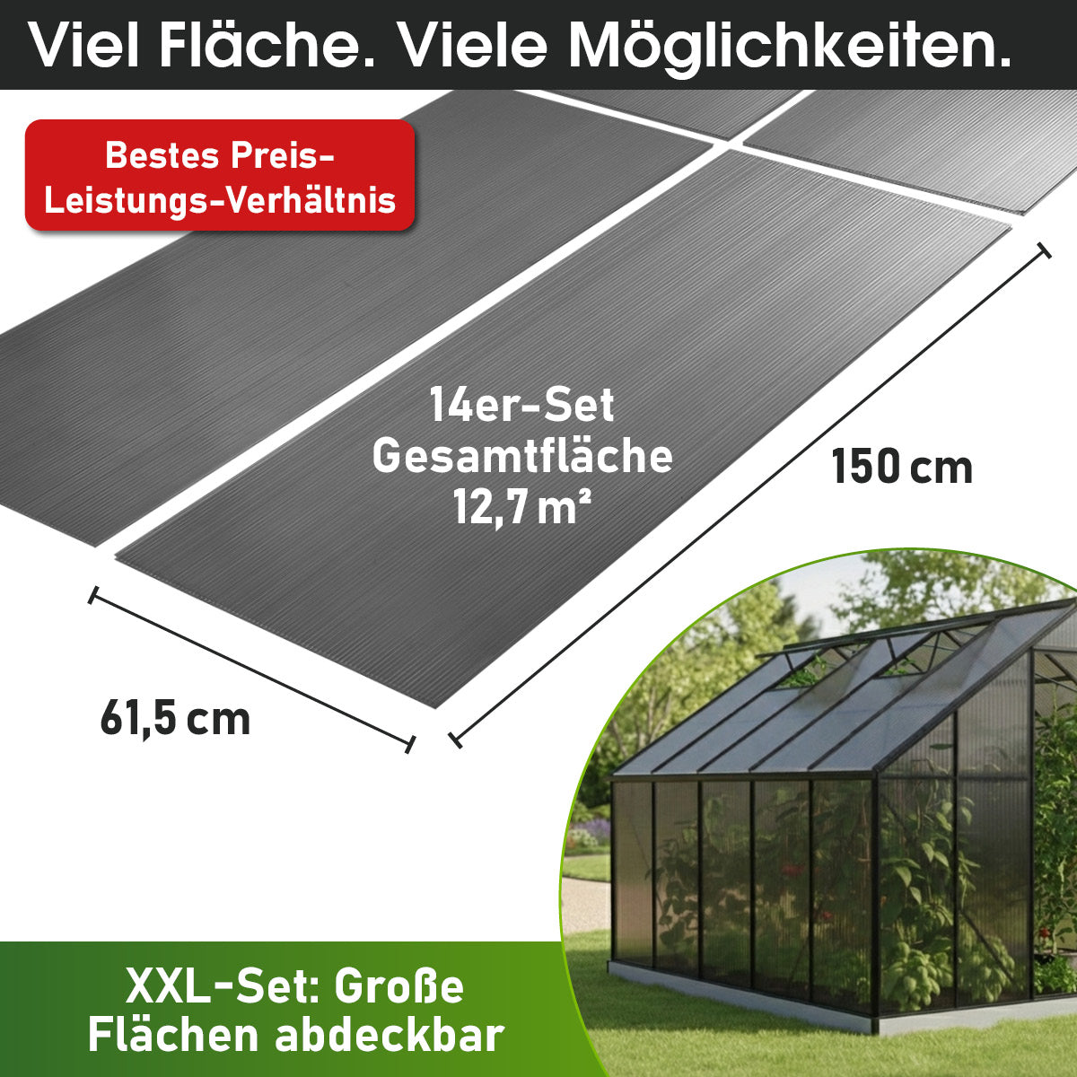 Anthrazitfarbene Hohlkammerplatten 14er Set 150x60,5 cm mit großer Gesamtfläche 12,7 m².