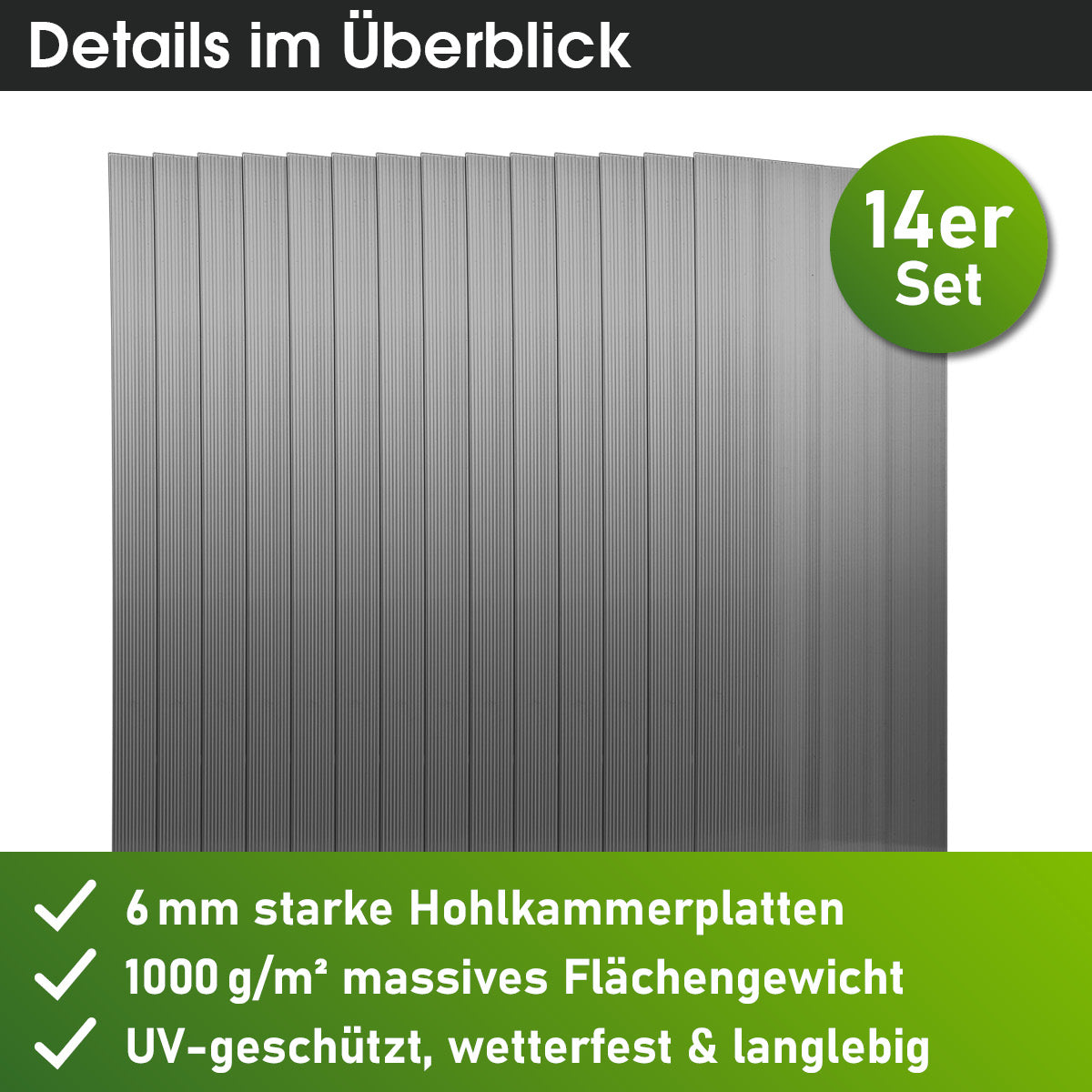 Anthrazitfarbene Hohlkammerplatten 14er Set, 6 mm stark, lichtdurchlässig, rechteckig.