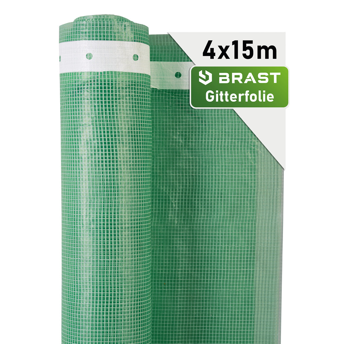 Grüne Gitterfolie 4x15m mit feinem quadratischem Raster, aufgerollt und teilweise ausgerollt.
